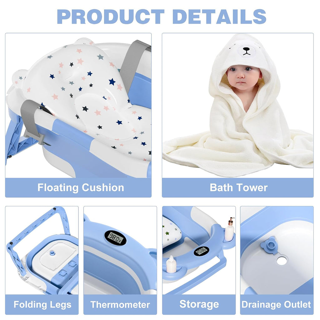 Collapsible Baby Bathtub for Newborn with Thermometer & 1 Hooded Towel & 1 Soft Floating Cushion,Portable Travel