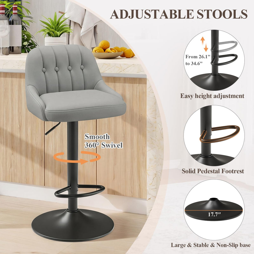 Bar Stools Set of 6, Swivel Bar Chairs, Modern Adjustable PU Leather Upholstered Barstools Counter Height with Tufted