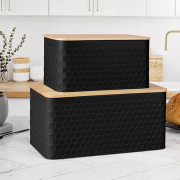 Metal Set of 2 with Bamboo Lid, Modern Bread Storage Containers with Air Vents, Bamboo Cutting Board Lid, Farmhouse