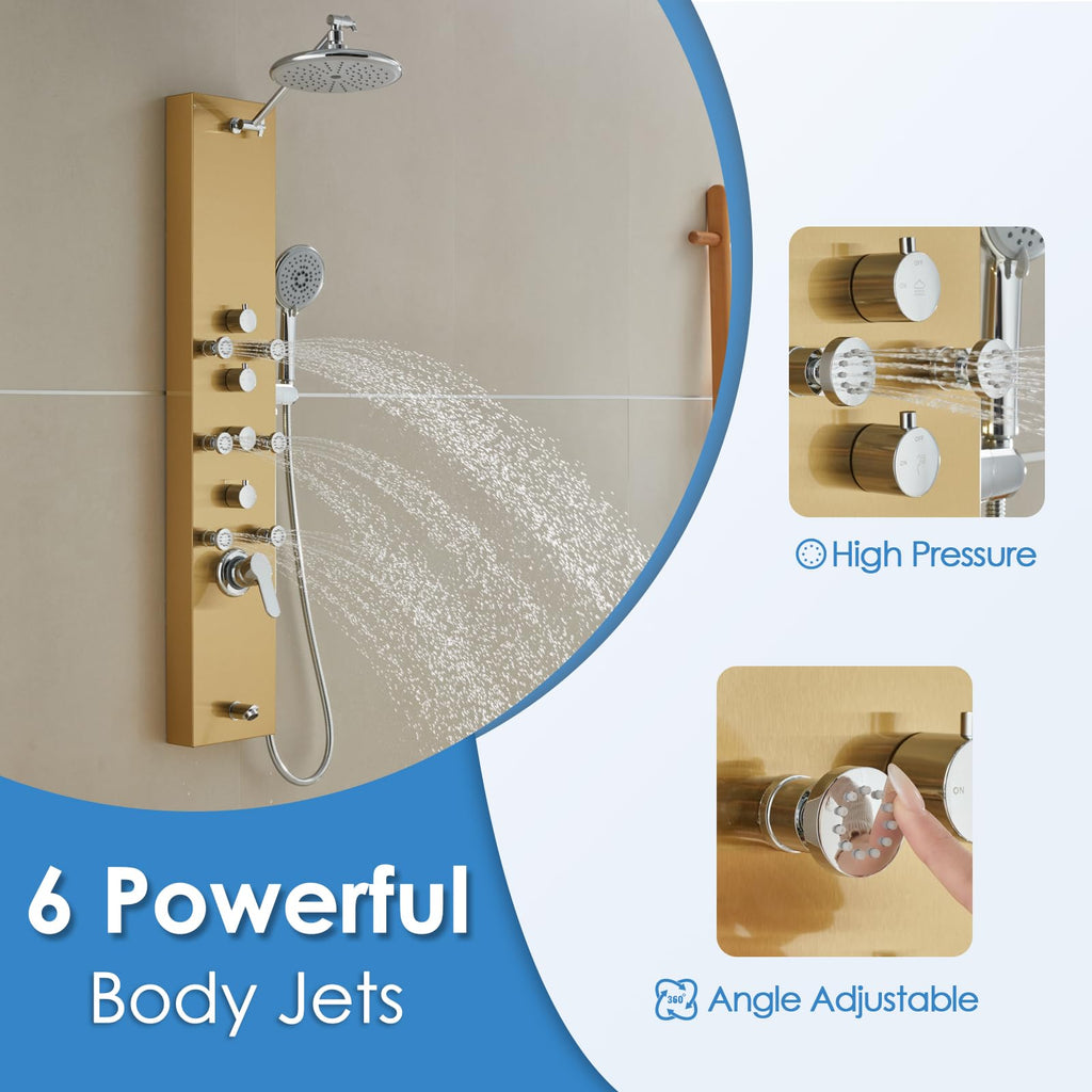 Gold Shower Panel Tower System, 4 Shower Modes Simultaneous Function