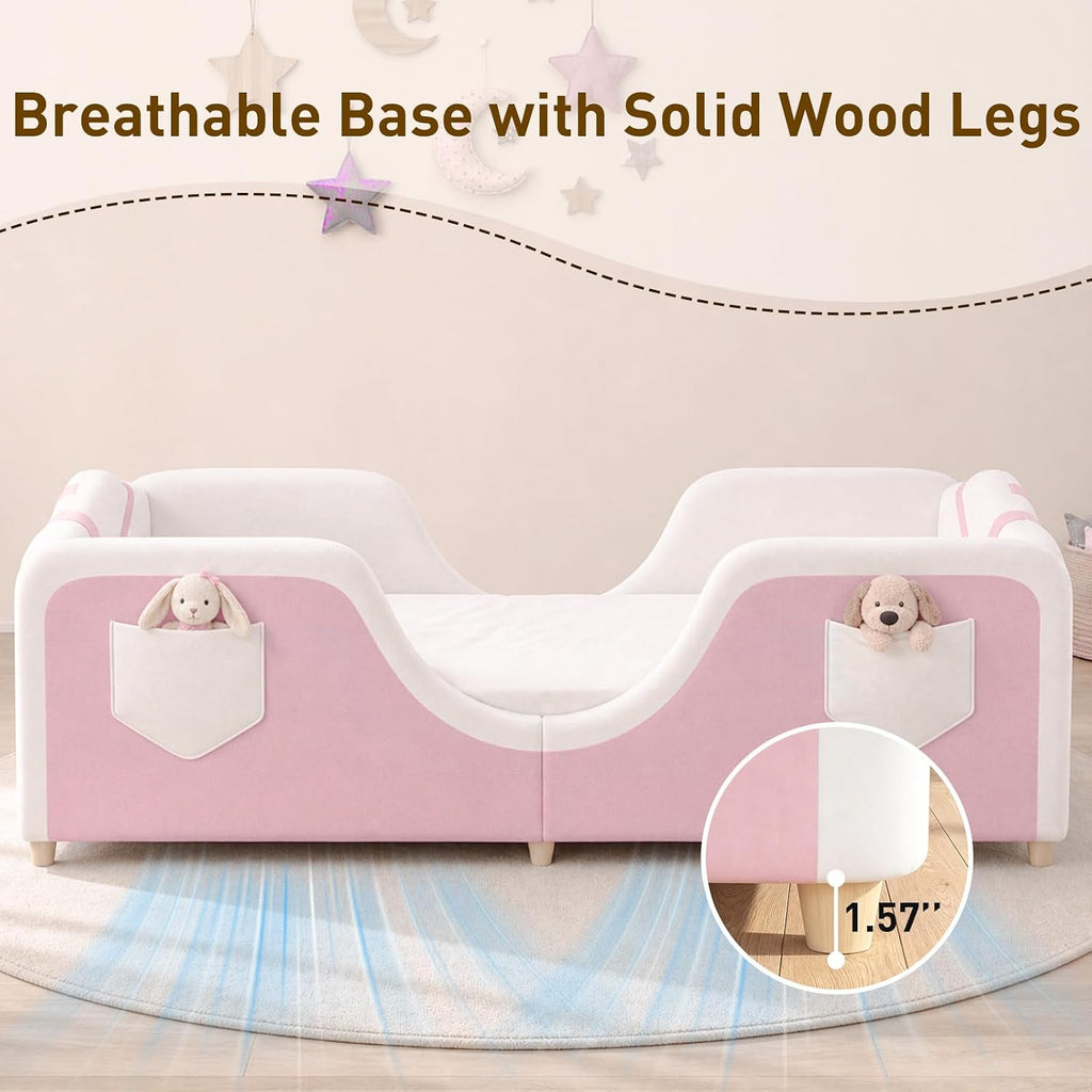 Toddler Bed, Toddler Floor Bed, Upholstered Toddler Bed Frame | Montessori Kid Bed, Wood Slats, 6 storage pockets