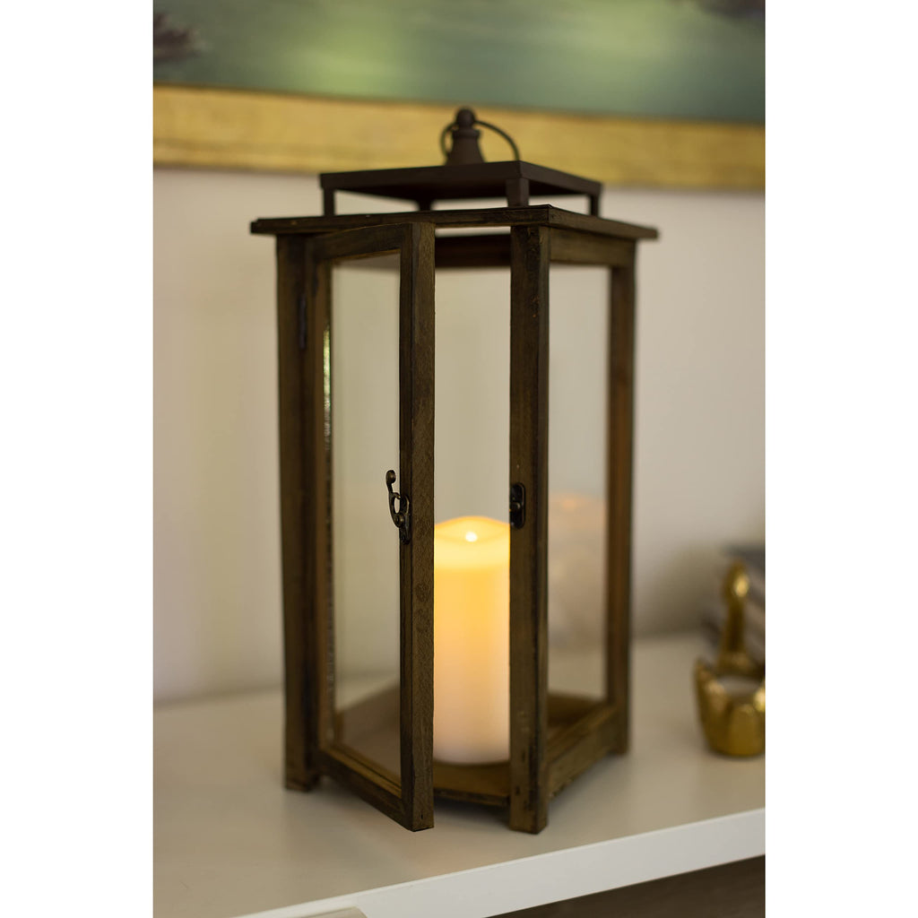 18 Inch Rustic Wooden Candle Hurricane Lantern, For Table Top, Mantle, Wall Hanging, or Garden Display, Indoor &