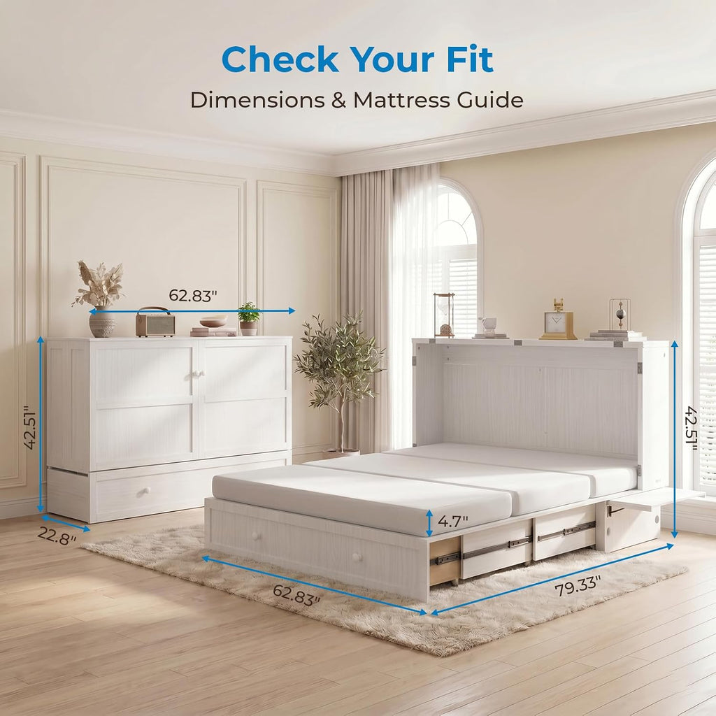 Murphy Bed Queen Cabinet Bed with Tri-fold Mattress and Built-in USB Charging, 2 Drawers, Bedside Panel, Hidden Guest