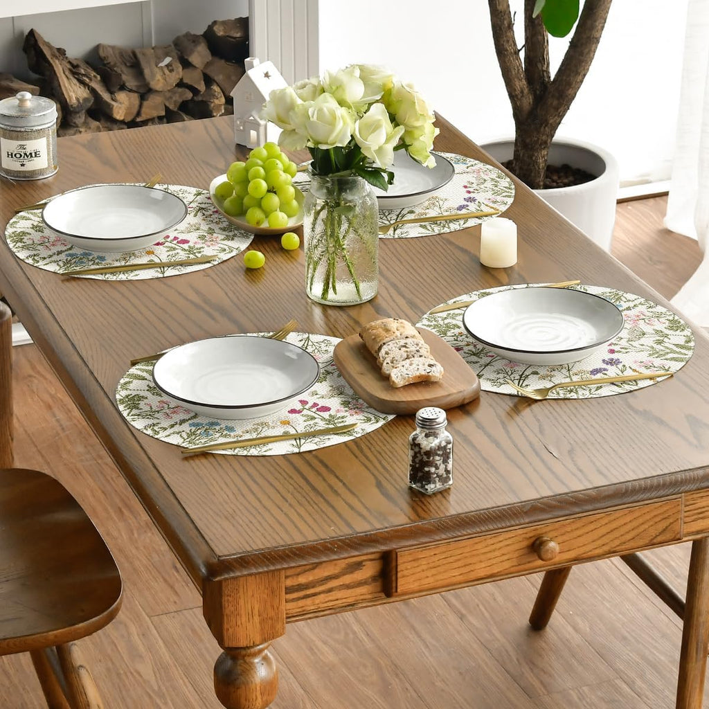 Antique Herbs Wild Flowers Spring Round Placemats, 14 Inch Summer Round Table Mats for Dining Decoration - Set of 6