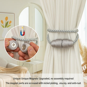 Magnetic Curtain Tiebacks - Rope Tiebacks for Curtains & Drapes, Decorative Window Holdbacks, Grey (2 Pack)