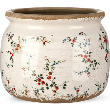 7.7" Large Ceramic Plant Pot Beige Red Cottage Rose Crackle Glaze Rustic Flowers Pot Decorative Planter with Drainage