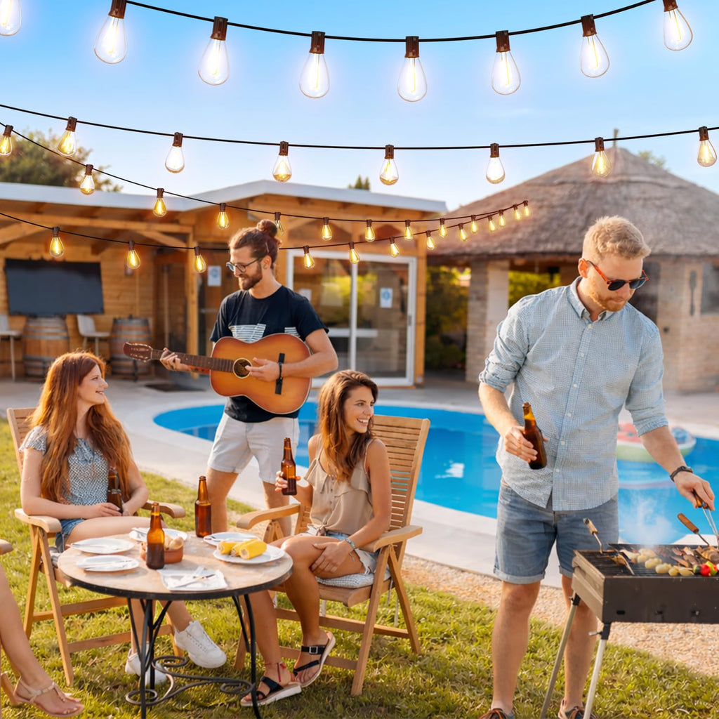 Outdoor String Lights with Remote & Dimmable, 72+2 Shatterproof Waterproof Bulbs, Dimmable Outside Hanging