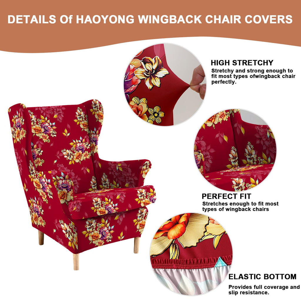 2 Piece Wingback Chair Covers Stretch Wing Chair Slipcover Printed Wing Back Chair Covers with Arms Washable Spandex