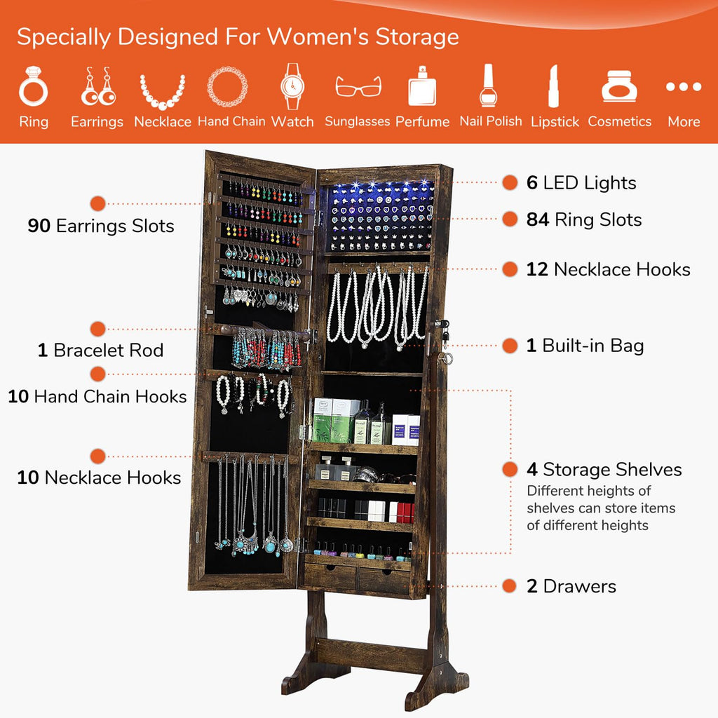 Jewelry Organizer Full Length Mirror Jewelry Cabinet Standing/Wall Mounted Jewelry Armoire Storage with Lights