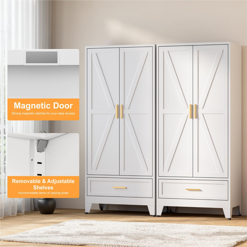71 Farmhouse Metal Wardrobe Closet with Hanging Rod, 2 Barn Doors, Adjustable Shelves, Steel Armoire with Drawer White
