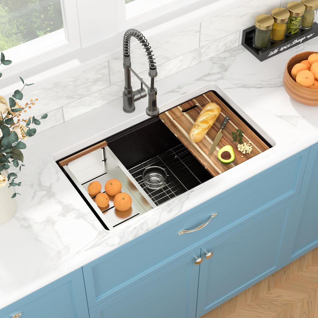 33 Granite Composite Kitchen Sink - 33 x 19 Inch Granite Undermount Kitchen Sink Ledge Workstation Under-Mount White