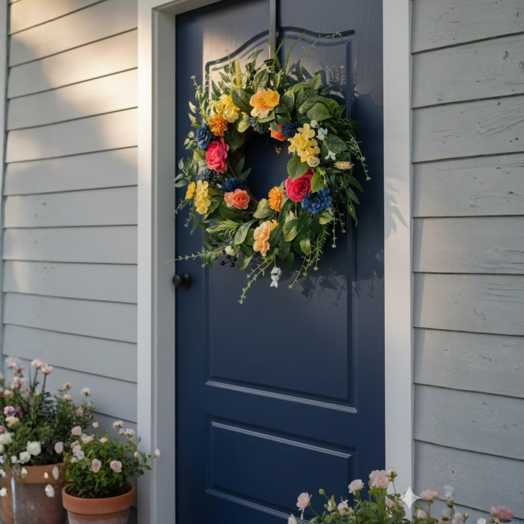Summer Wreaths for Front Door, 22 Inch Summer Wreath with Roses & Hydrangeas, Outdoor Floral Wreath for Summer Door