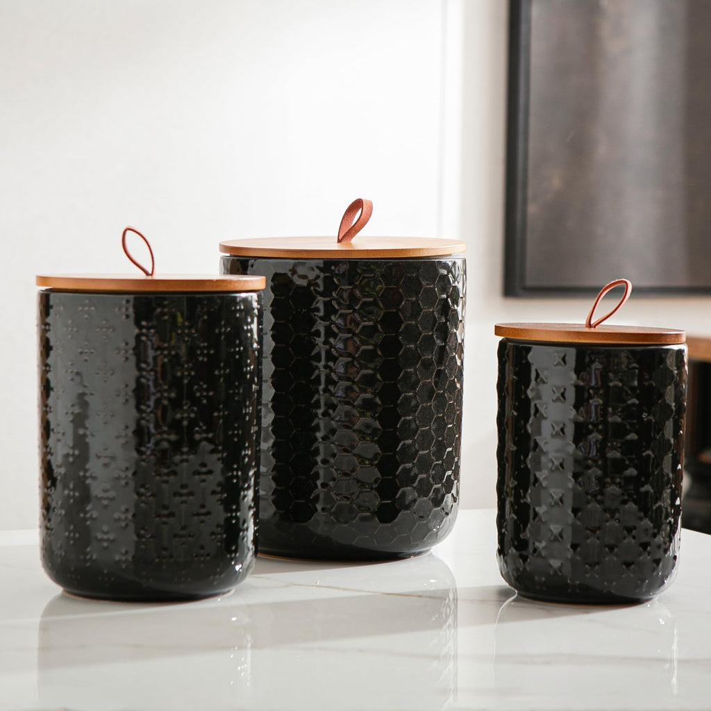 Black Embossed Ceramic Canister 3 Piece with Airtight Bamboo Lid