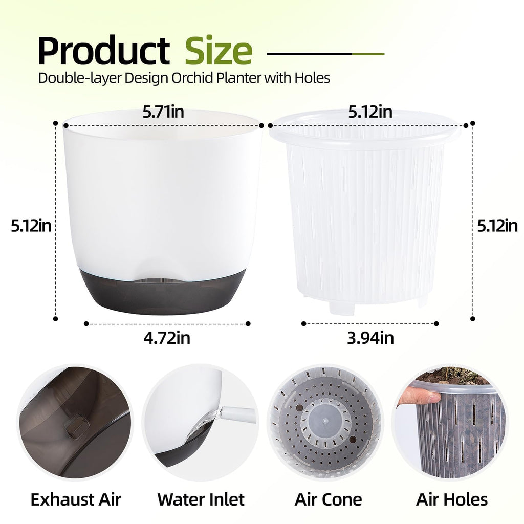 2 Pack 5.7 Inch Orchid Pots with Holes for Repotting, Double-Layer and Self Watering Orchid Pot with Good Air