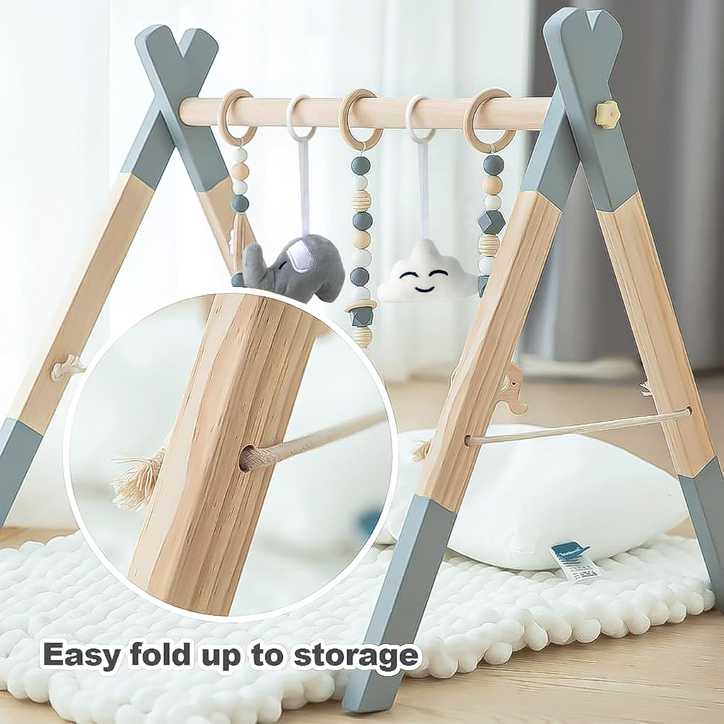 Wooden Baby Play Gym Foldable Gym Frame Activity Gym with 5 Hanging Toys
