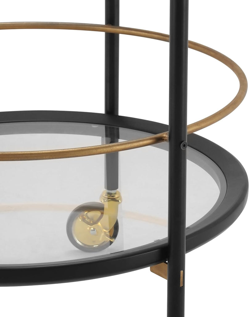 Modern Round Bar Cart with Dual Tempered Glass Shelves, Lockable Wheels and Gold Metal Accents, Rolling Beverage
