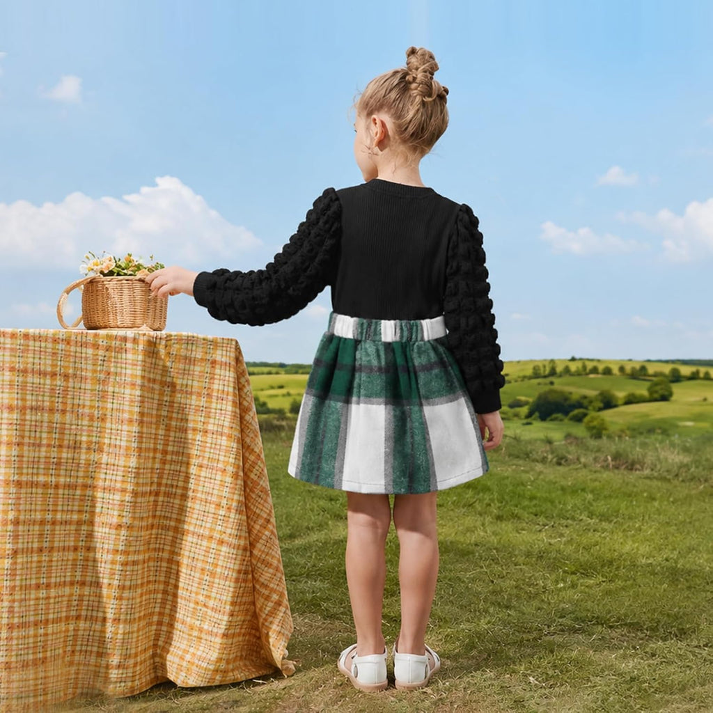 Toddler Girl Plaid Outfits Ribbed Knit Top and Skirt Set