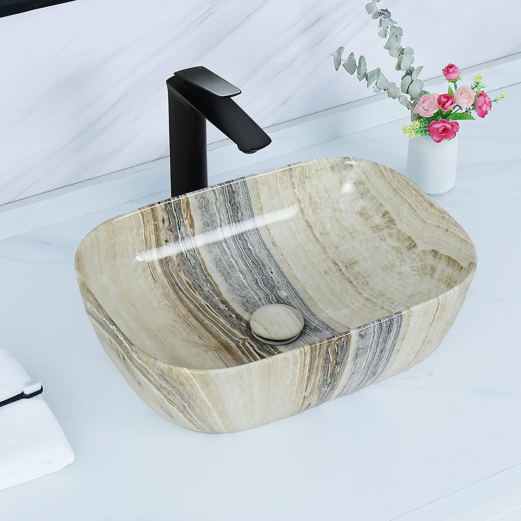 Davivy 18.3"×13" Marbling Rectangle Bathroom Vessel Sink with Pop Up Drain,Nordic Ceramic Vessel Sinks,Bathroom Sinks