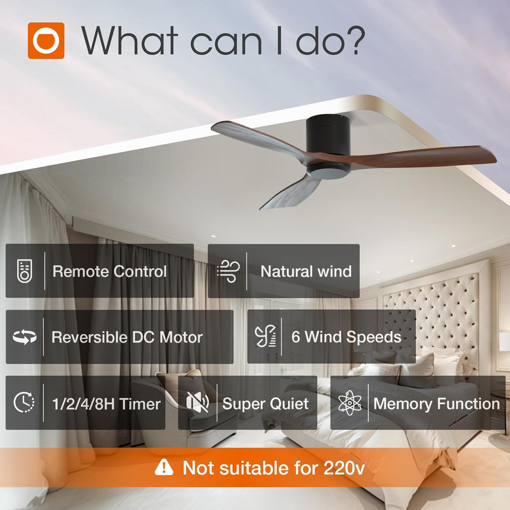 52 inch Ceiling Fans No Lights, Low Profile Ceiling Fan with Remote Control, Flush Mount, Reversible, 3 Wood Blades, 6 Speeds, Noiseless, Black Walnut Ceiling Fan for Indoor/Outdoor Use A103-B0DY7MVX2L