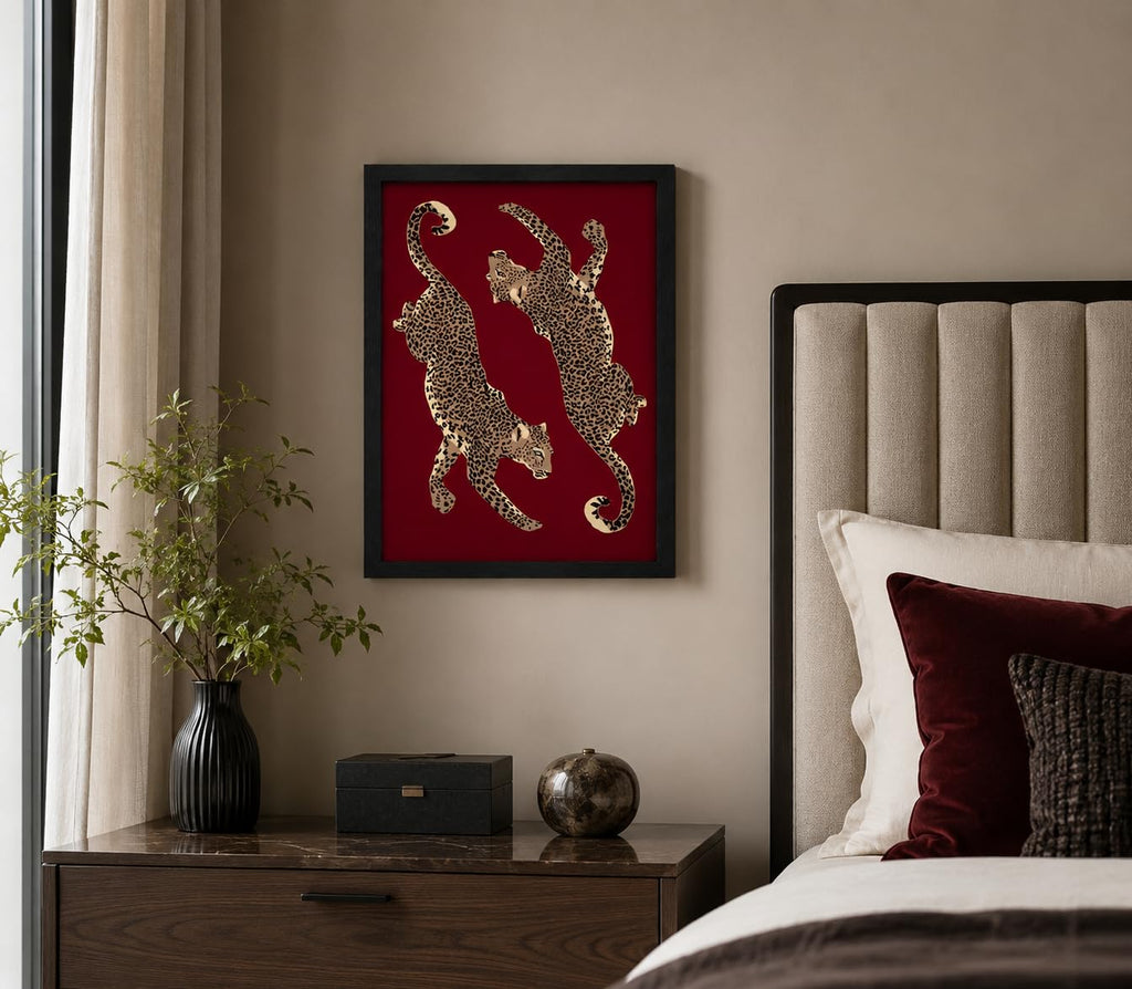 Framed Burgundy Leopard Canvas Wall Art, Vintage Panther Print Wall Decor, Modern Animal Painting, Aesthetic Wild Cat