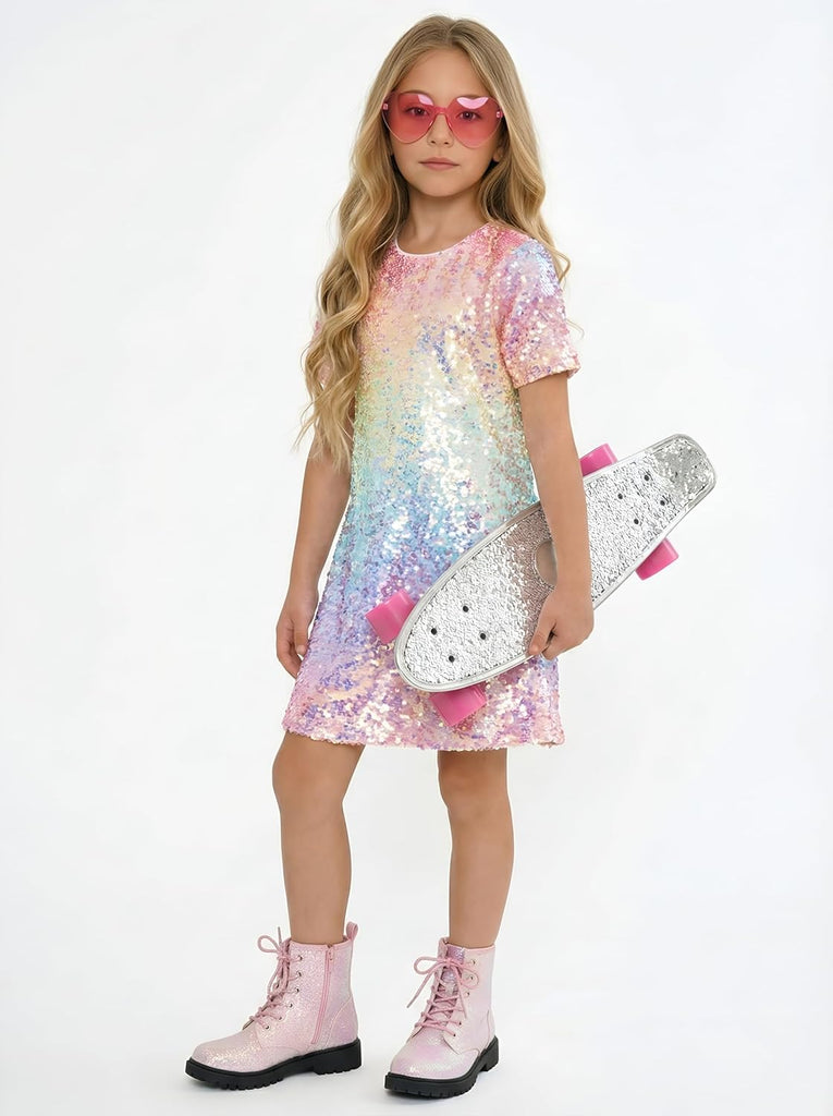 Girls Ombre Pastel Gradient Shimmer Sparkle Colorful Sequin Party Dress