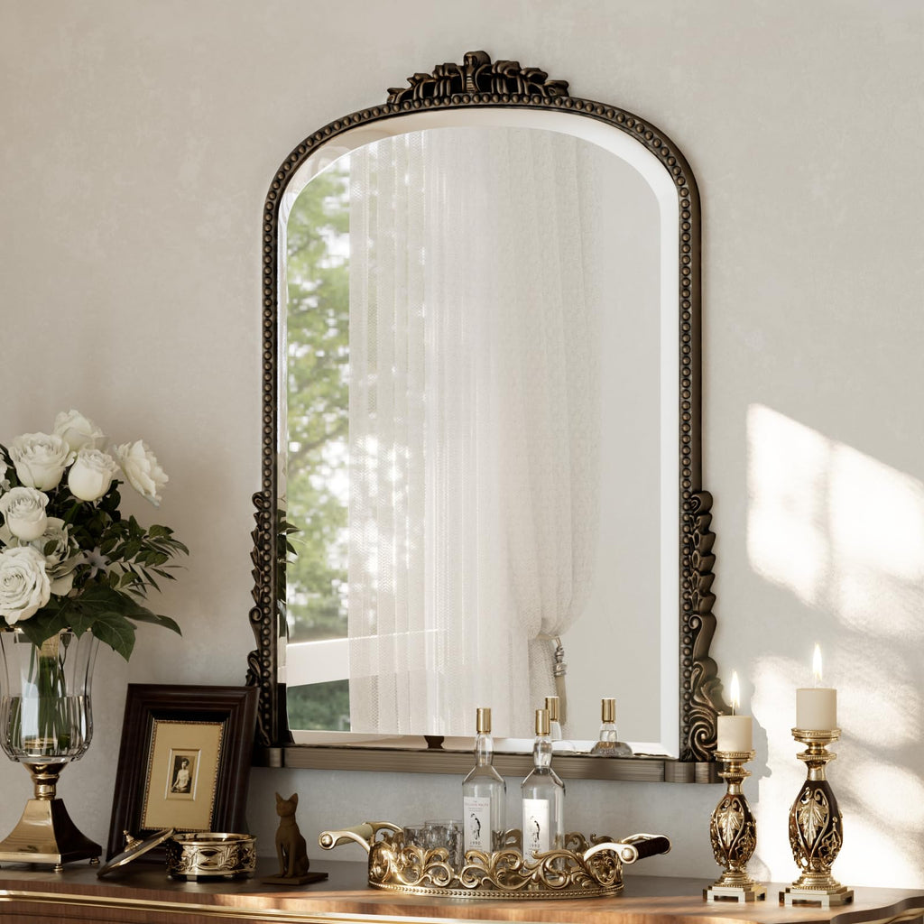 24"×32" Bronze Arched Wall Mirror with Vintage Carving