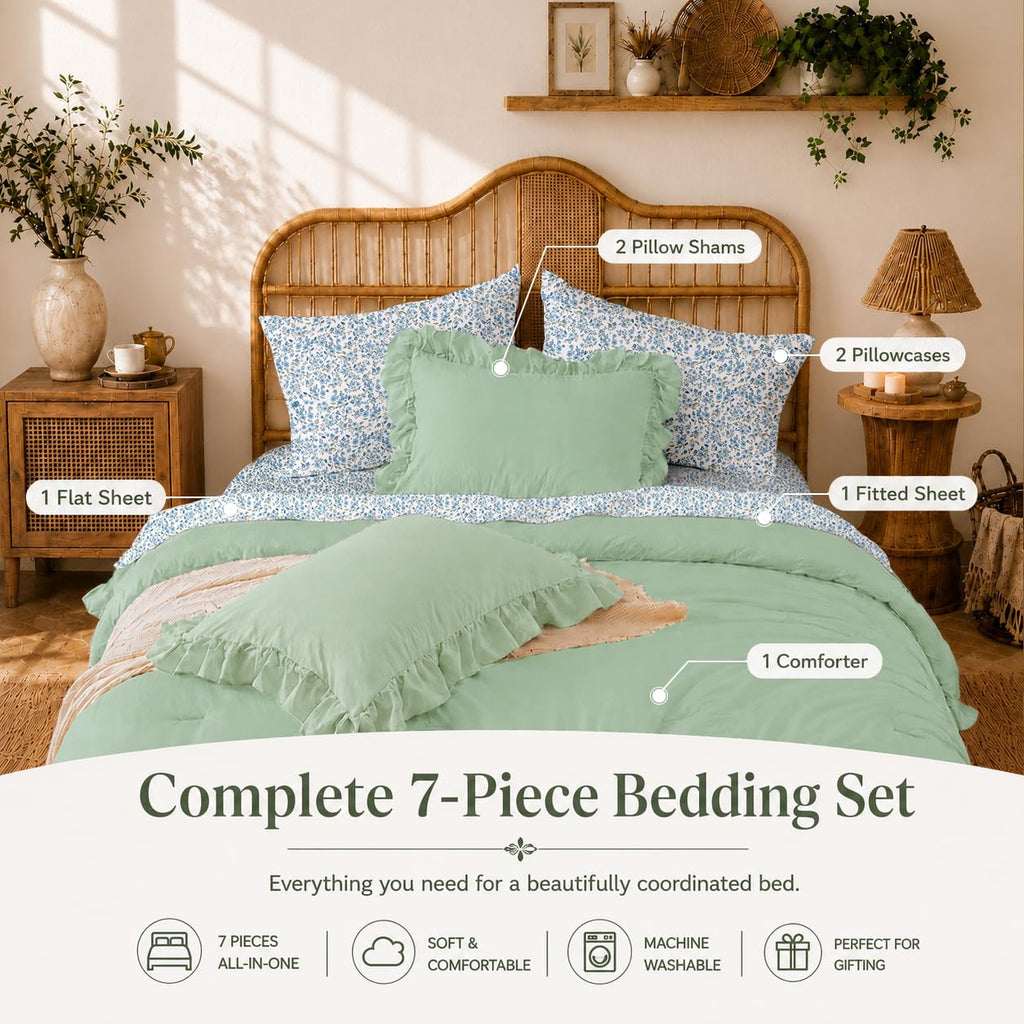 Comforter Set 7 Pieces Mint Green Ruffle Bedding Set