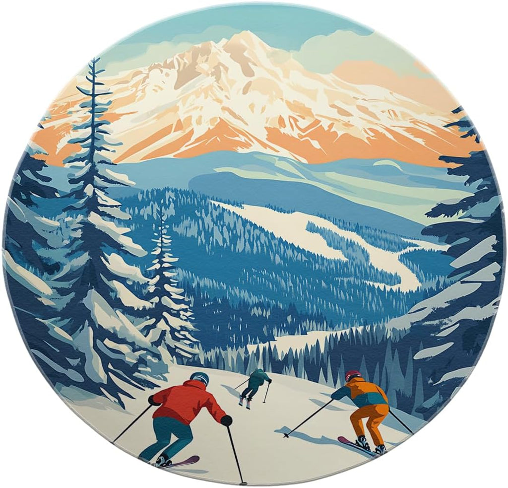 Winter Sports Theme 4ft Area Rug Snowy Mountains Skiing Pattern Circular Rugs Non Slip Washable Carpet Bedside