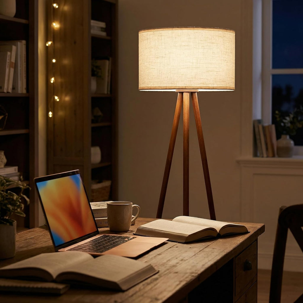 Modern Floor Lamp with White Drum Shade, Wood and Metal Construction, Adjustable Height