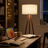 Modern Floor Lamp with White Drum Shade, Wood and Metal Construction, Adjustable Height