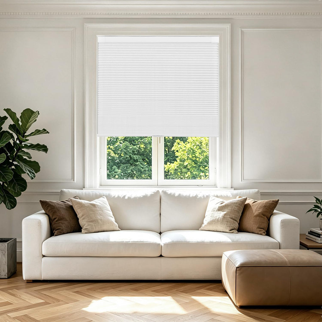 No Drill Cordless Blackout Cellular Shades, White | No Tools Honeycomb Blinds for Indoor Windows, Free-Stop Blackout