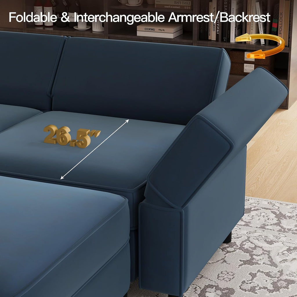 Modular Sectional Sofa with Storage Seats Velvet L Shaped Corner Couch Convertible Sectional Sofa with Chaise (Blue