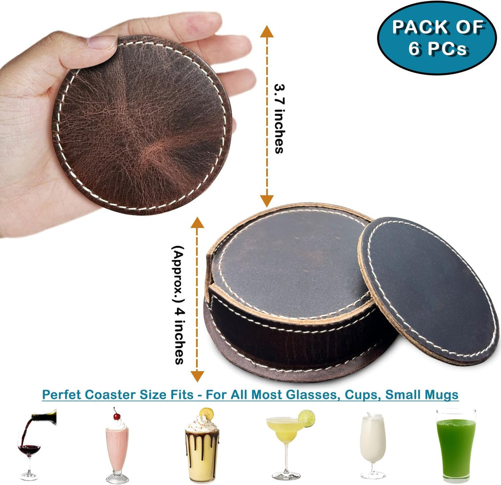 Leather Coasters for Drinks with Holder, Round, Dark Brown - Set of 6