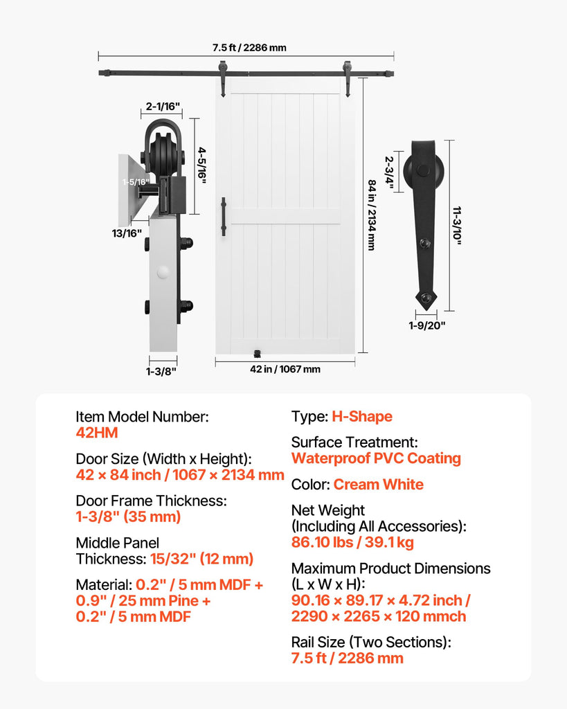 Sliding Barn Door, 42 x 84 inch, High-Strength MDF Panel, Barn Door with Hardware Kit, Water-Proof PVC Surface, Easy