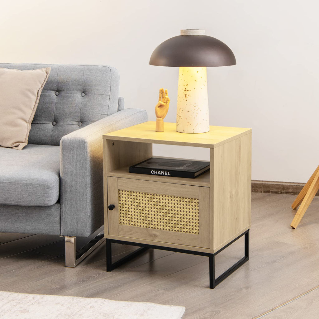 Rattan, Indoor Sofa Side Table with Shelf & Rattan Door Cabinet, Steel Base, Wood Finish, Natural Style Nightstand