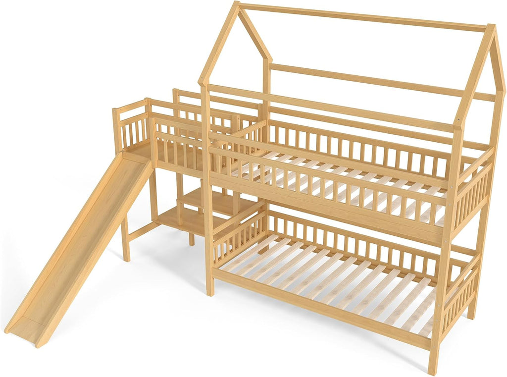 Twin over Twin Bunk Bed with Playhouse Design Roof, House Bunk Beds with Storage Stairs & Slide, Wood Bunkbed for Kids