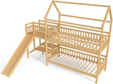 Twin over Twin Bunk Bed with Playhouse Design Roof, House Bunk Beds with Storage Stairs & Slide, Wood Bunkbed for Kids