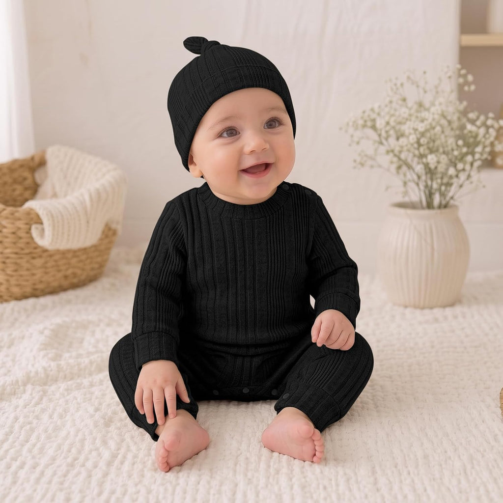 Baby Girl Ribbed Romper Hat Set Long Sleeve Infant Fall Outfit
