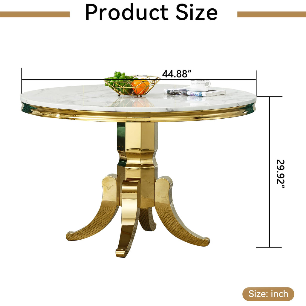 Round Marble Dining Table for 4 6, Modern 45" White Gold Kitchen Table with Faux Marble Top & Mirrored Tripod Pedestal