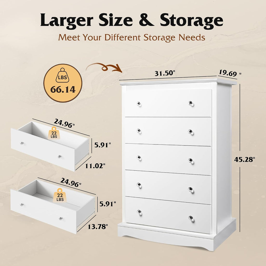 5 Drawer Dresser, 45" Tall Dresser with Exclusive Anti-Tip Structure, Modern Chest of Drawers with Large Capacity