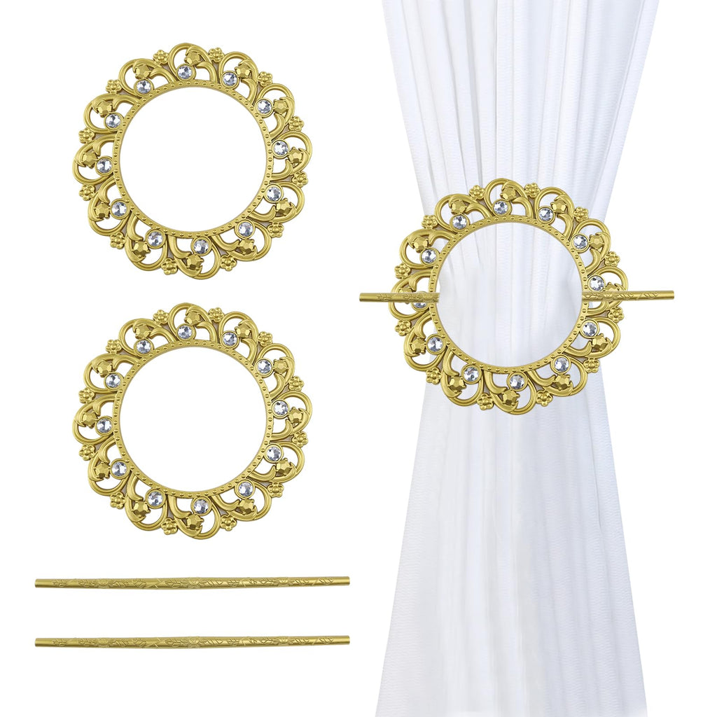 Gold Curtain Tiebacks, Round Drapery Holdbacks, 12 Crystals - 2 Pack