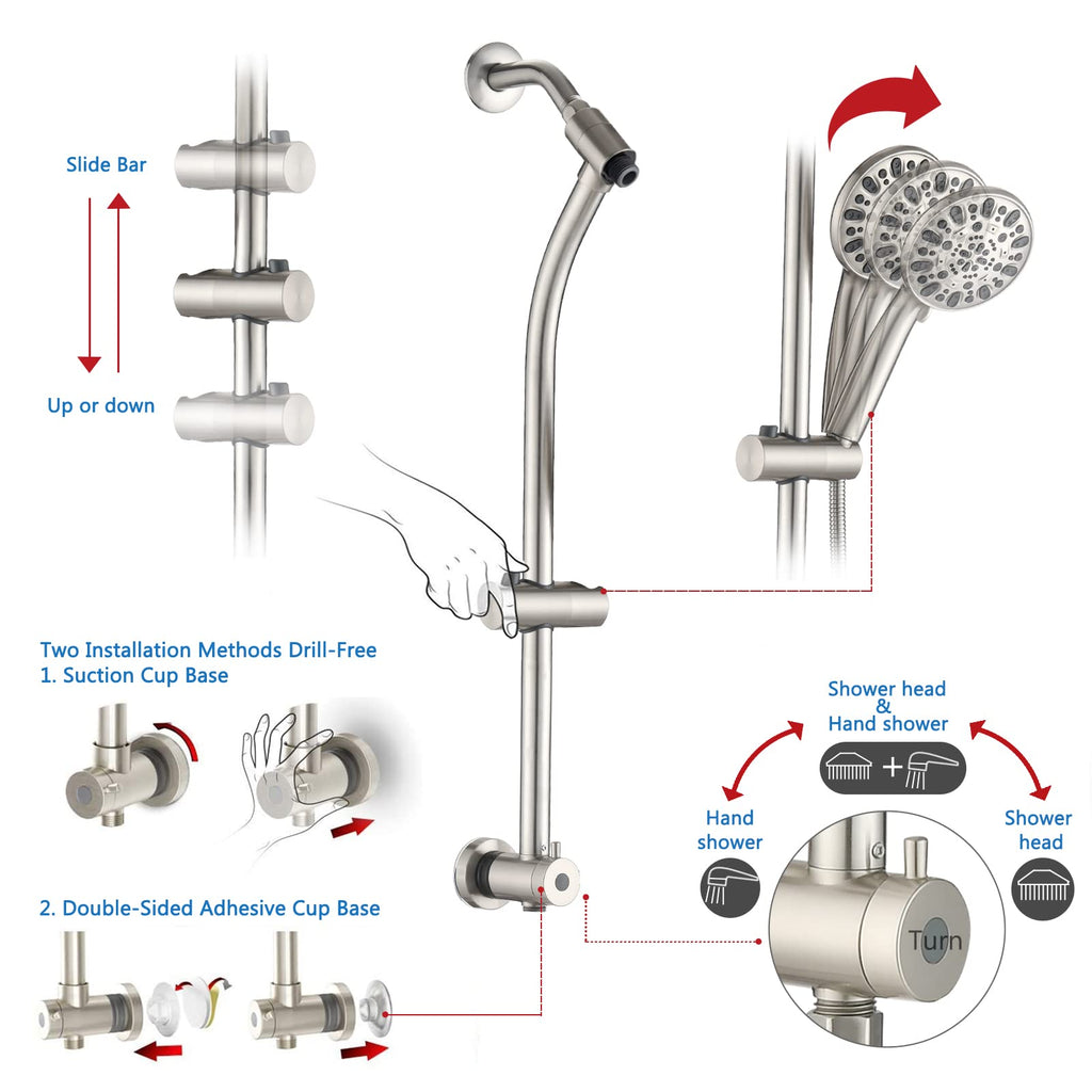 High Pressure 48-Settings Shower Head with Handheld Shower,Drill-Free 3-Way Diverter for Easy Reach,Adjustable Height