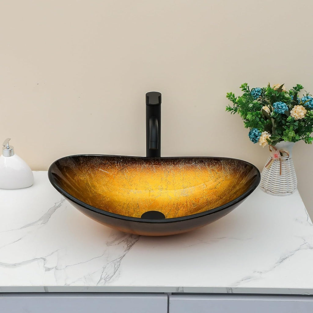 Sarlai Boat Shape Bathroom Vessel Sink with Black Faucet and Pop-up Drain Set 21x14 Inch Modern Artistic Tempered