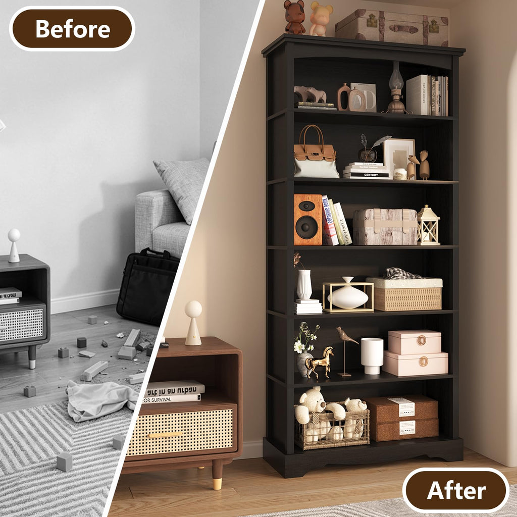 6-Tier Wooden Bookshelf, 76 Inch Tall Bookshelf with Storage, Floor Standing Modern Style Display Bookcase, Study
