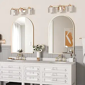 Wall Mounted Mirror, Arched Wall Mirror, 2 Pieces 24"X36" Arch Bathroom Mirror with Metal Frame, Gold Vanity Mirror