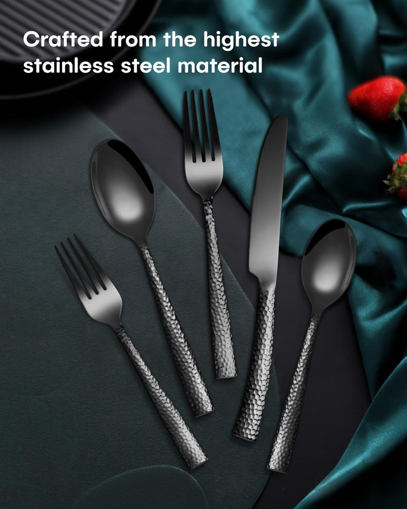 40-Piece Black Hammered Silverware Set, Stainless Steel Black Flatware for 8, Mirror Polished Tableware Cutlery Set