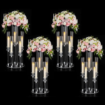 4PCS Acrylic Candelabra Centerpieces for Tables,2-in-1 Clear 5 Arm Candelabras &Flower Stand,Acrylic Centerpieces Stand
