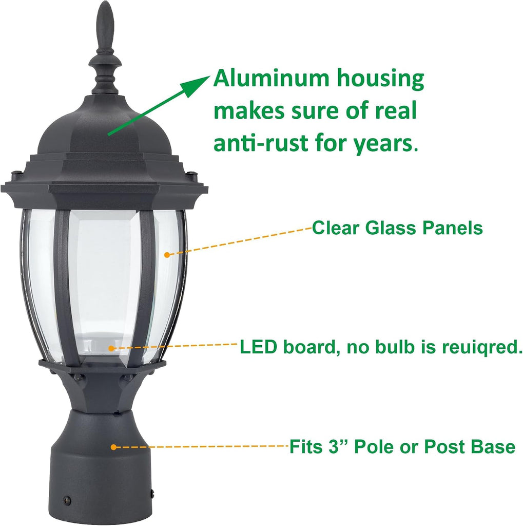 LED Outdoor Post Light, 15.6'' Aluminum Waterproof Pole Lantern, 3000K Warm White, 9.5W 800LM