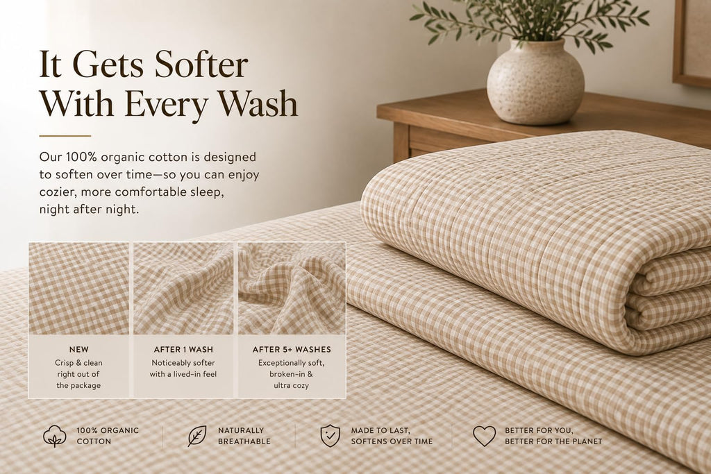 100% Organic Cotton Quilt (Shell & Fill), Neutral Gingham Quilt, Oeko-TEX Certified, GOTS Certified, Channel