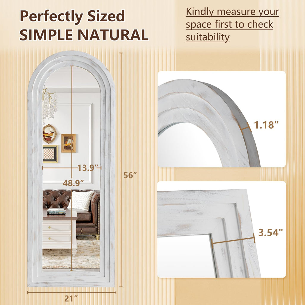Arched Floor Full Length Mirror with Wood Frame, 56"x21" Rustic